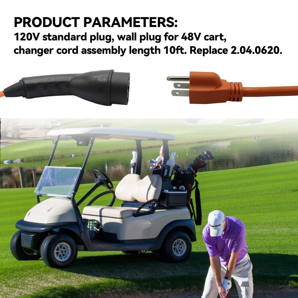 Golf Cart Charger Power Cord, Fits for Evolution ICON EV Golf Carts, 120V 3 Pin Charge Cable Assembly Replace 2.04.0620 QEWHDJQ