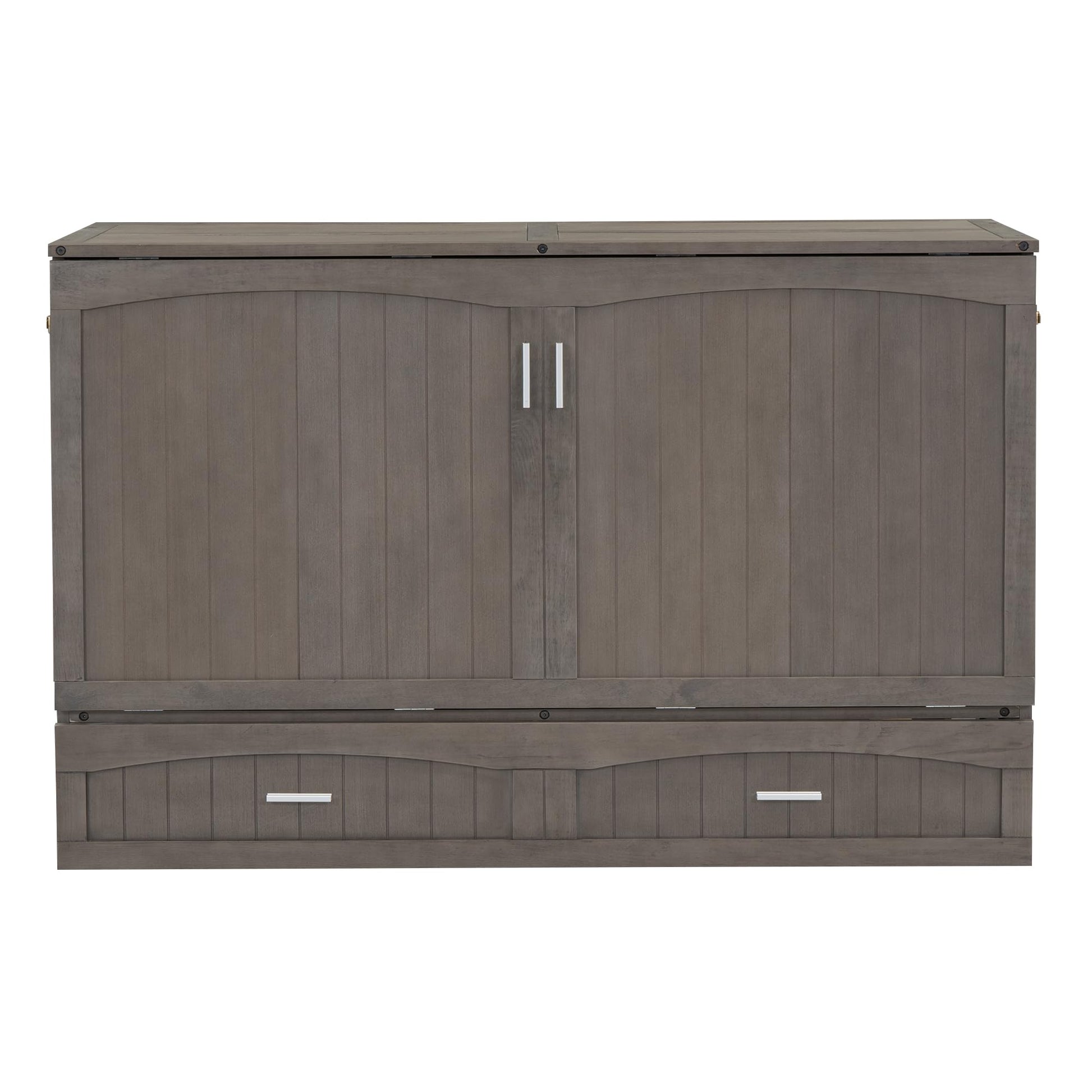 Queen Size Murphy Bed with Charging Station and Storage Drawer in Antique Gray - WoodArtSupply