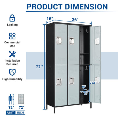 Fesbos 72" Metal Locker for Employees 6 Doors Black & Gray Steel Storage Locker for Office, School, Gym - Metal Storage Cabinets for Home, Office, Gym, School - WoodArtSupply