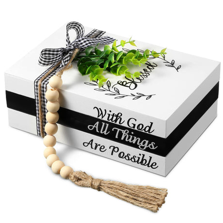 Capoda 3 Pcs Decorative Books for Home Decor Farmhouse Faux Stacked Books Wooden Rustic Decorative Books with Bead Garland Twine Ribbon Faux Leaf for Table(Blessed) Capoda