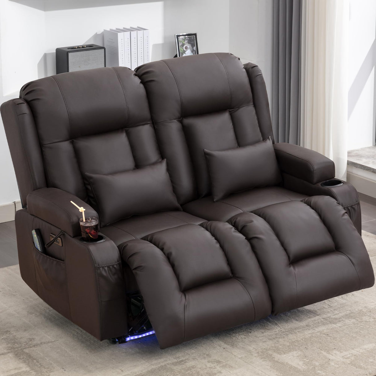 URRED Loveseat Recliner Sofa with Massage and Heat, Power Reclining Loveseat Sofa RV Couch Home Theater Seating with LED Lights, Cup Holders, Side Pockets, USB, Pillows, Faux Leather, Dark Brown URRED