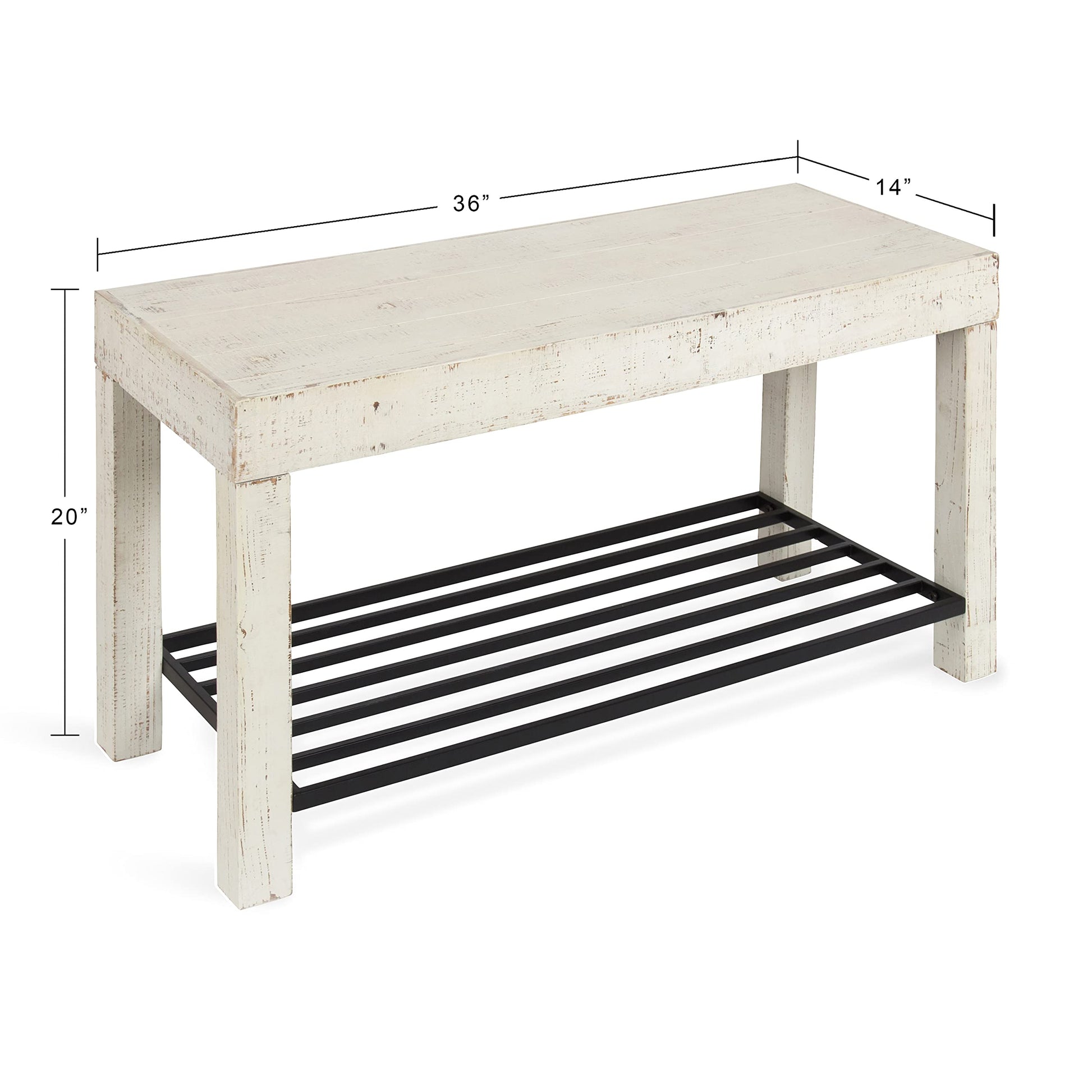 Kate and Laurel Jeran Rustic Farmhouse Bench with Iron Shoe Shelf, 36" x 14" x 20", White, Chic Entry Bench for Decor or Storage - WoodArtSupply