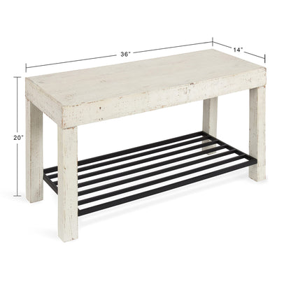 Kate and Laurel Jeran Rustic Farmhouse Bench with Iron Shoe Shelf, 36" x 14" x 20", White, Chic Entry Bench for Decor or Storage - WoodArtSupply