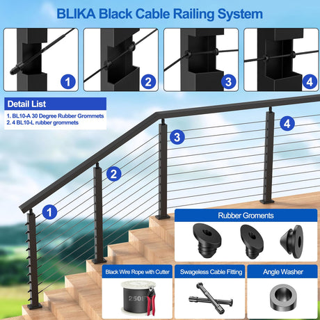 BLIKA 100 Pack Cable Railing Rubber Grommets for 1/8" 5/32" 3/16" Cables for Metal Cable Railing Posts, 1/8" Cable Railing Grommet, Cable Railing Protective Sleeves for Metal Posts, BL10-L BLIKA