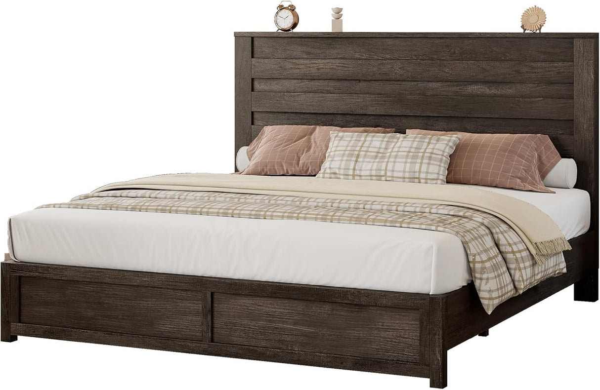 Albott King Bed Frame with 49" Farmhouse Slatted Headboard, Platform Bed with Wood Slats, No Box Spring Needed, Easy Assembly, Rustic Grey Albott
