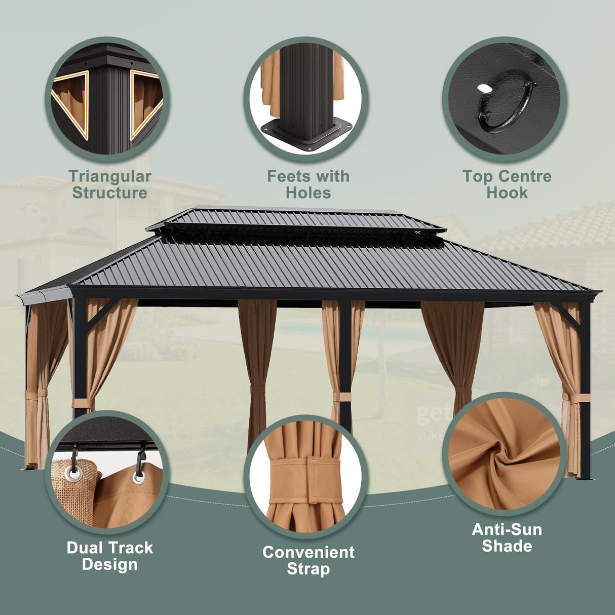 Greesum 12'x20' Hardtop Metal Gazebo, Outdoor Galvanized Steel Double Roof Canopy, Aluminum Frame Permanent Pavilion with Netting and Curtains for Backyard, Patio, Deck, Parties Greesum