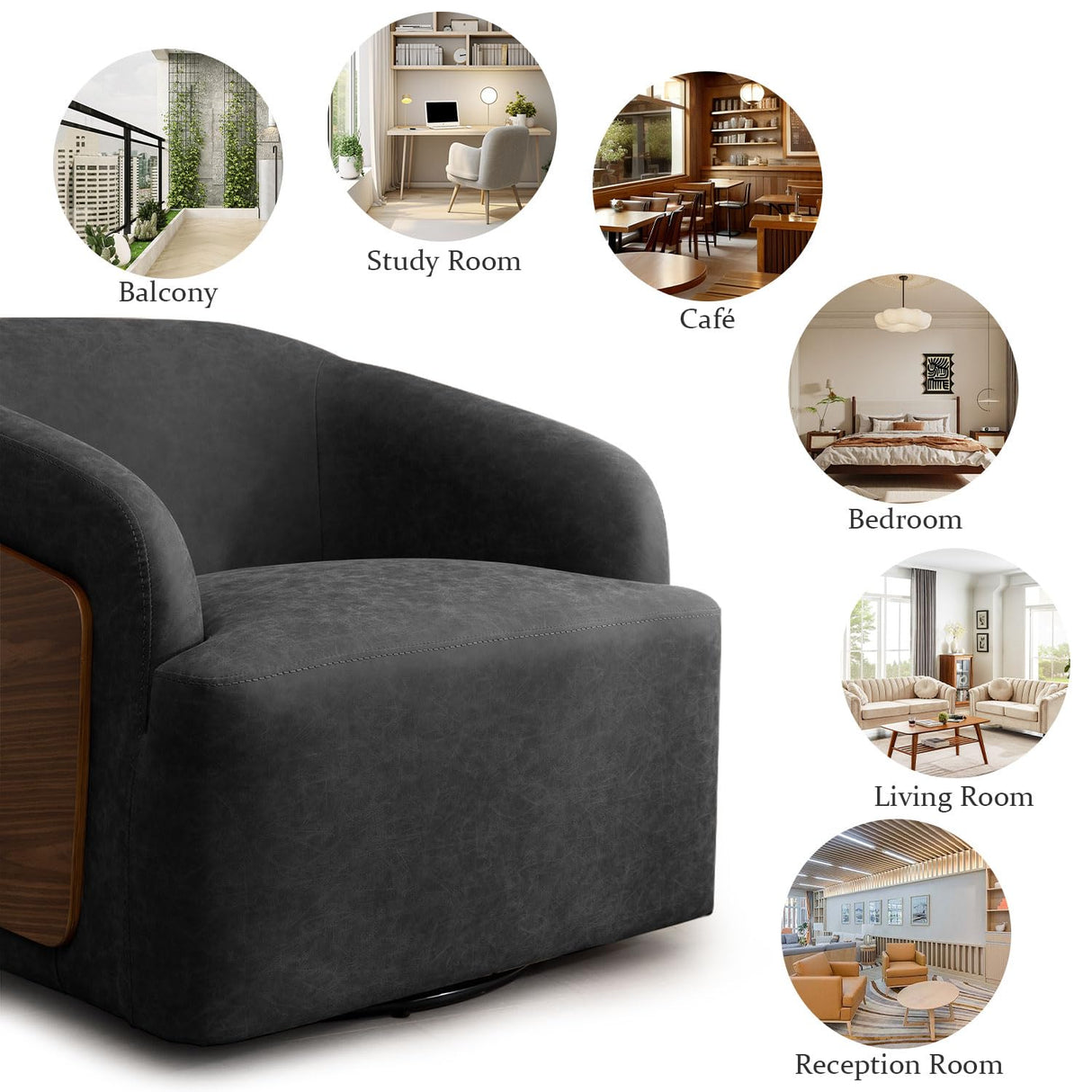 BALIAA 2pcs Swivel Accent Chair Faux Leather Swivel Barrel Chair Comfortable Mid Century Modern Chair Upholstered Metal Base Armchair for Living Room Bedroom Office Large Vintage Black BALIAA