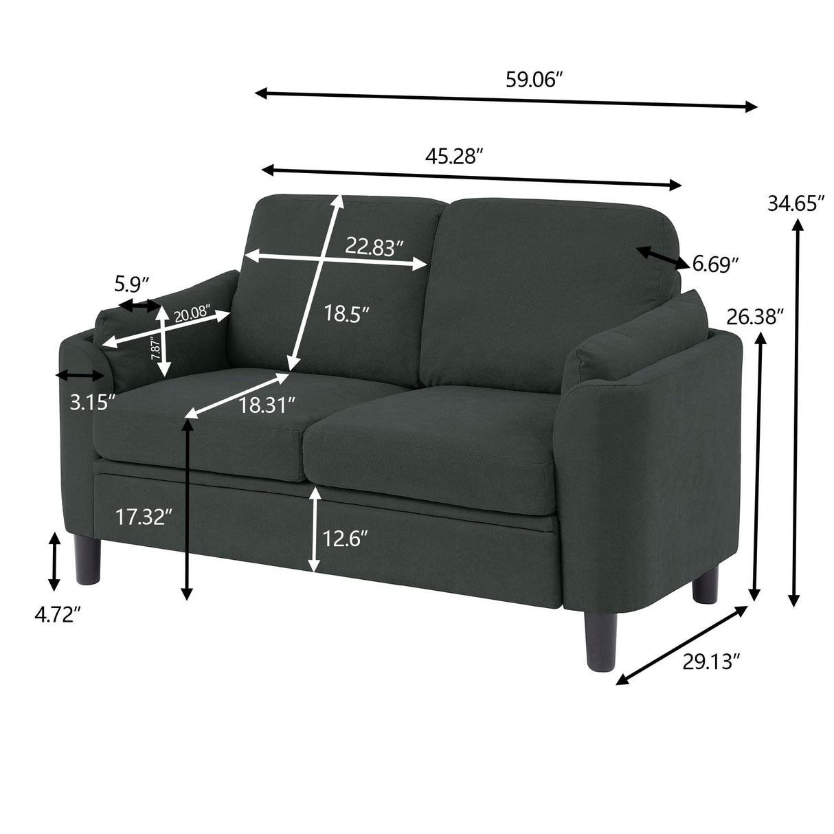 Portaforta 59" Small Loveseat Sofa, Mid Century Modern Linen Love Seat with Back Cushions, 2-Seater Couch Sofa for Lving Room, Bedroom and Small Space, Black Portaforta