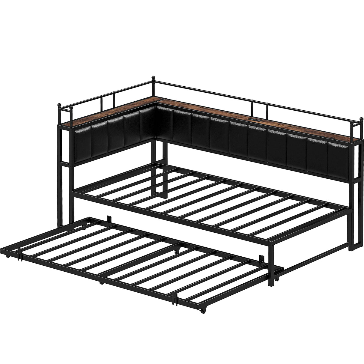 LIKIMIO Daybed with Trundle, Twin Corner Bed Fram with Bedside Storage,Sofa Day Bed for Living Room, Bedroom and Guest Room,Black LIKIMIO