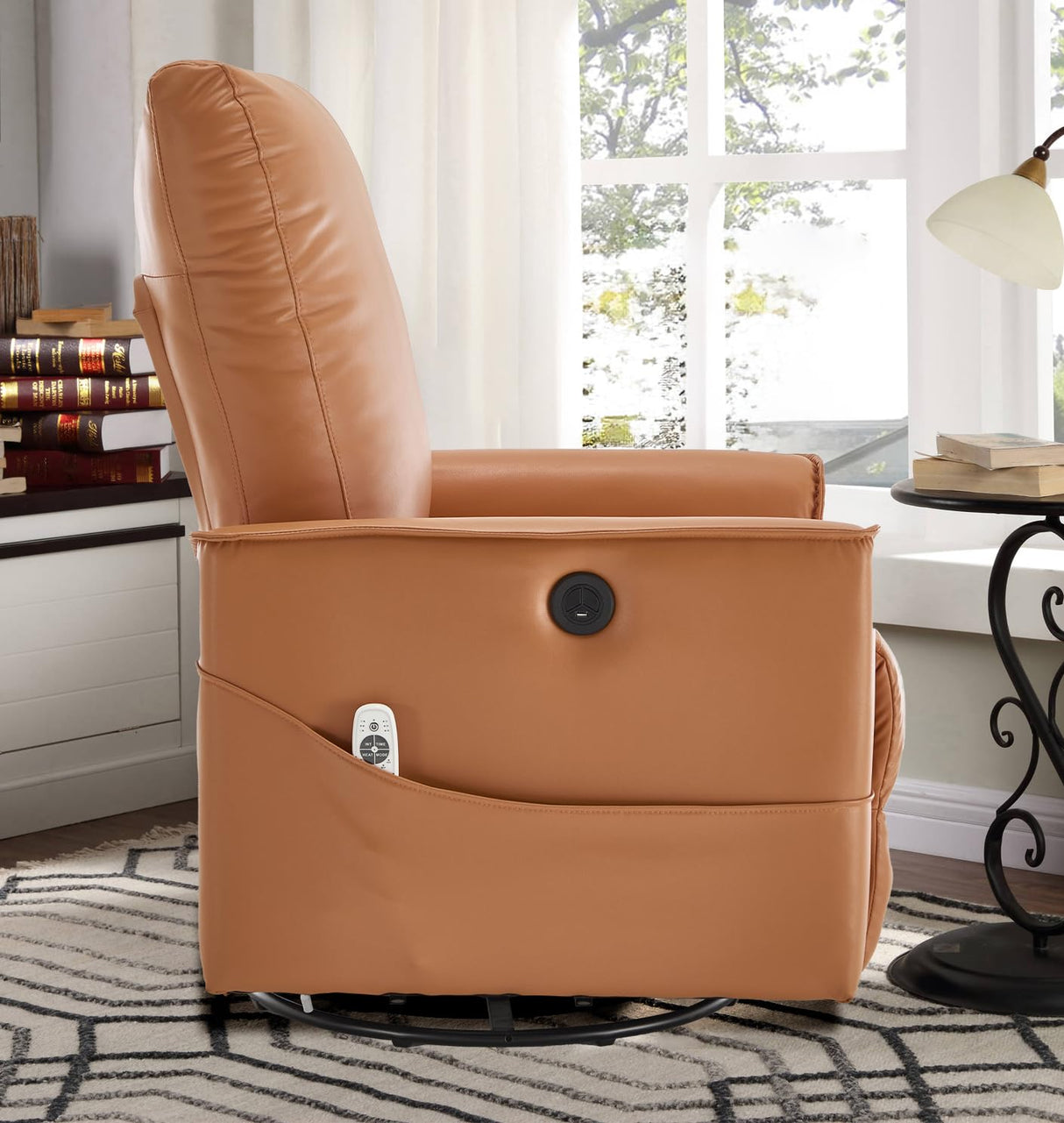 Power Swivel Recliner Chair with Massage Heat USB Port, Extra Wide Lay Flat Recliners Massaging Chair, Oversized Electric Leather Recliner Chair for Adults, Orange KCQ