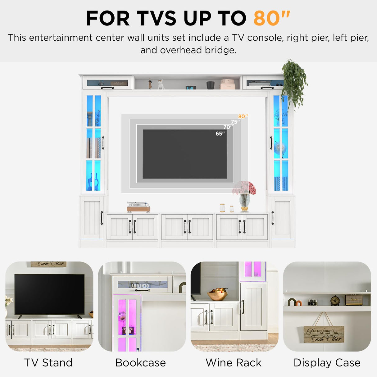 LUXOAK 98" Wide Wall Unit TV Stand with Storage for TVs up to 80", Large Modern TV Console Table with LED Lights, Entertainment Center with Bookshelves for Living Room, White LUXOAK