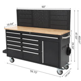 61-inch Rolling Tool Chest, 10 Drawers Garage Workbench Storage Tool Cabinet with Power Strip, Solid Rubber Wood Top, 1675 LBS Load Mobile Workstation, Heavy Duty Rolling Cabinet GAOMON