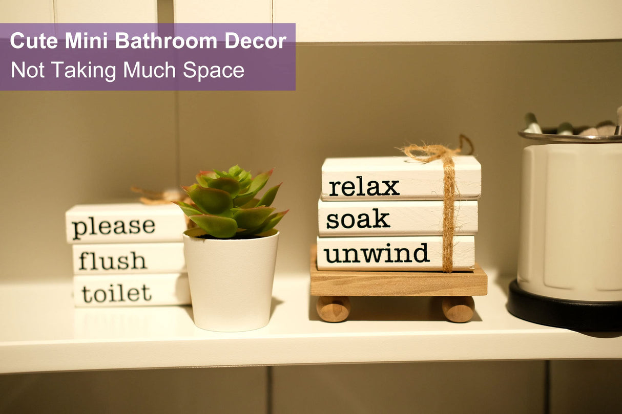 Farmhouse Mini Bookstack for Bathroom Decor Wooden Books for Restroom Shelf Decorative Accent for Guest Bathroom Sign, 2 Signs in 1 Reversible - Wash Your Hands/Relax Soak Unwind LIVDUCOT