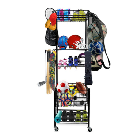 ORGDESIGN Garage Sports Equipment Organizer, Ball Storage Outdoor Toy Storage, 5 Layers Sports Outdoor Rack Nerf Gun Rack Basketball Rack for Balls with Holder and Hooks. ORGDESIGN