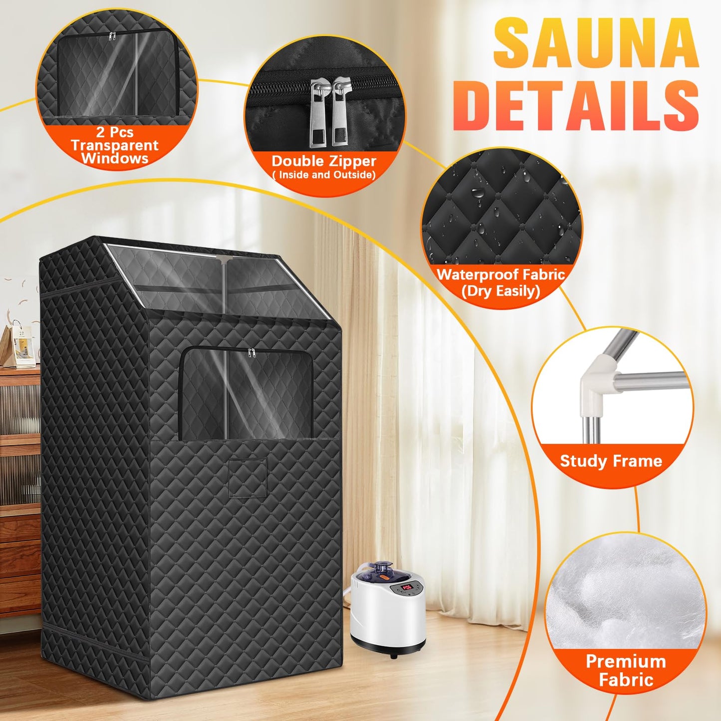 Upgraded Portable Steam Sauna, Portable Sauna Box for Home, Home Sauna Tent Full Body, 1200W 3L Steam Generator, 99 Minute Timer, Folding Chair, Remote Control Included(Black)