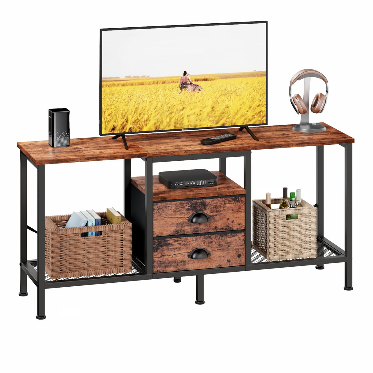 Furologee TV Stand with 2 Fabric Drawers, 42 Inch Small Entertainment Center with Open Storage Shelves, Media Console Table for Bedroom, Living Room, Rustic Brown Furologee