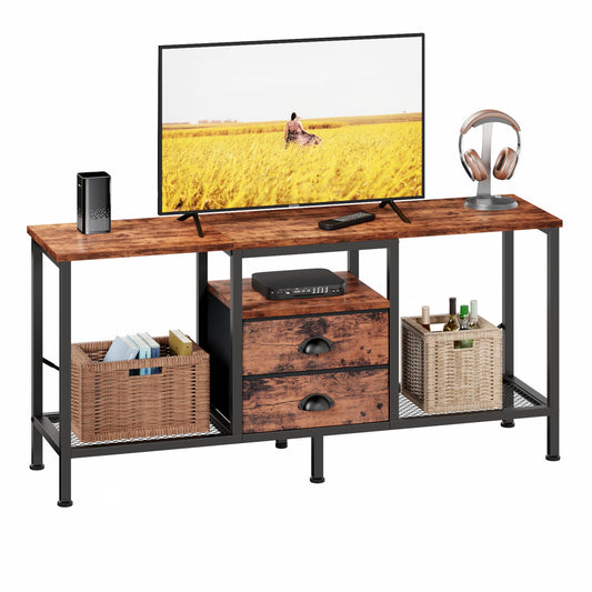 Furologee TV Stand with 2 Fabric Drawers, 42 Inch Small Entertainment Center with Open Storage Shelves, Media Console Table for Bedroom, Living Room, Rustic Brown - WoodArtSupply