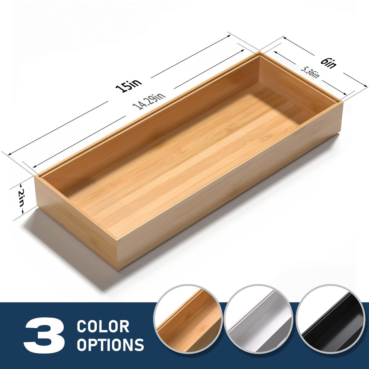 VeyFey Bamboo Drawer Organizer, Stackable Utensil Organizer for Kitchen, Bamboo Storage Box Wood Silverware Tray for Drawer 15" x 6" x 2" Set of 2 VeyFey