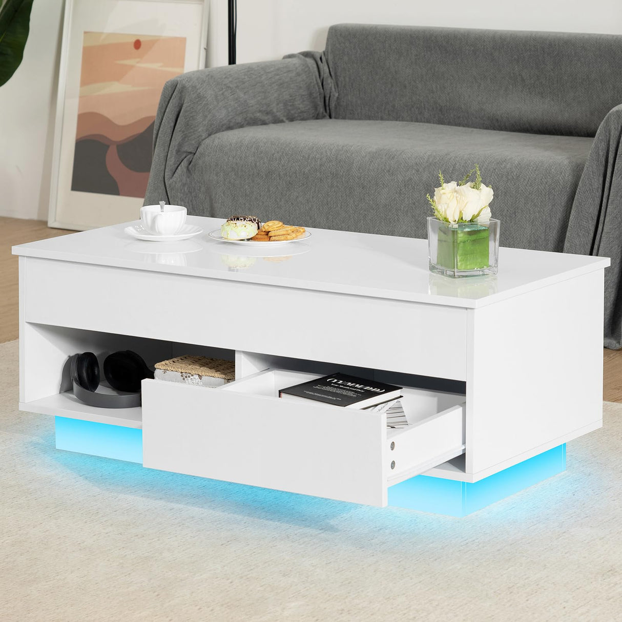 HOMMPA Lift Top Coffee Table with Storage LED Coffee Table Morden High Gloss Living Room 3 Tiers Modern Tea Table with Storage Center Tables Hidden Compartment & Open Shelve & Drawer White HOMMPA