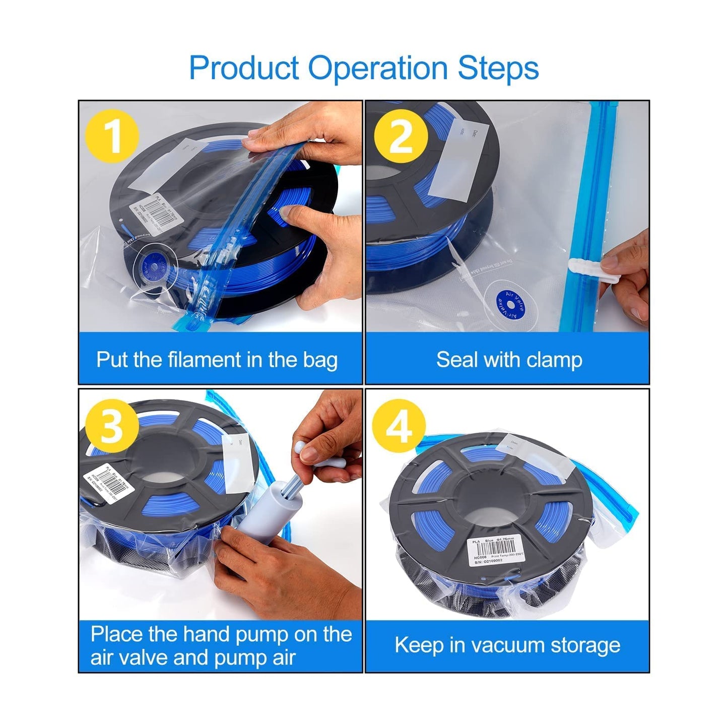 3D Printer Filament Moisture-Proof, Reusable Storage bags for 3D Filament with Reusable Hand Pump - 10 Pack, 4 x Sealing Clip,10 x Desiccant - WoodArtSupply