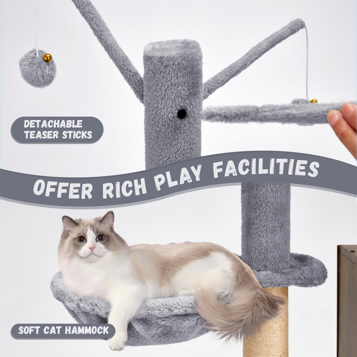 Erinnyees Cat Tree with Litter Box Enclosure, 2-in-1 Cat Tower with Scratching Post，Hammock, Food Station, Platform and Pompom Sticks, Hidden Litter Box Furniture Erinnyees