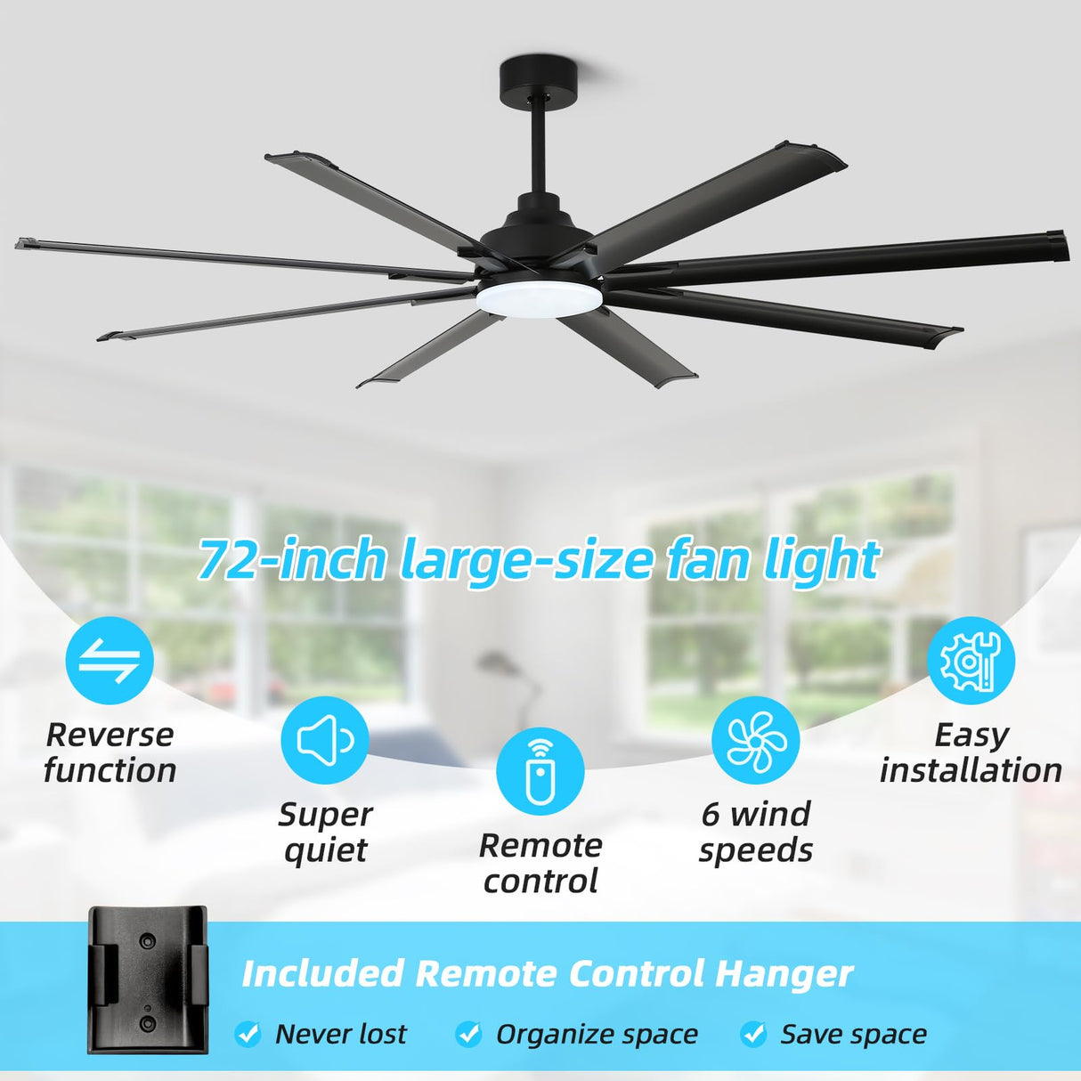RIENAZA 72 inch Ceiling Fans with Lights and Remote Control，Large Ceiling Fan with 8 Aluminum Blades, 3CCT, 6-Speed,Black Commercial Ceiling Fan for Porch/Garage/Shop/Living Room RIENAZA