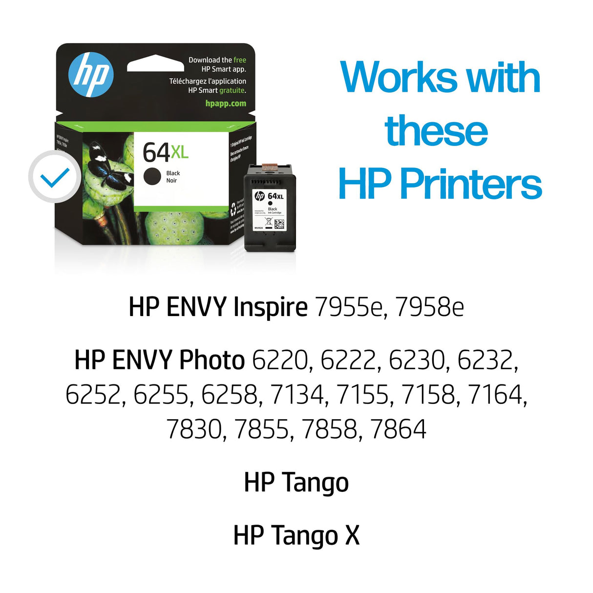 HP 64XL Black High-yield Ink Cartridge | Works with HP ENVY Inspire 7950e; ENVY Photo 6200, 7100, 7800; Tango Series | Eligible for Instant Ink | N9J92AN HP