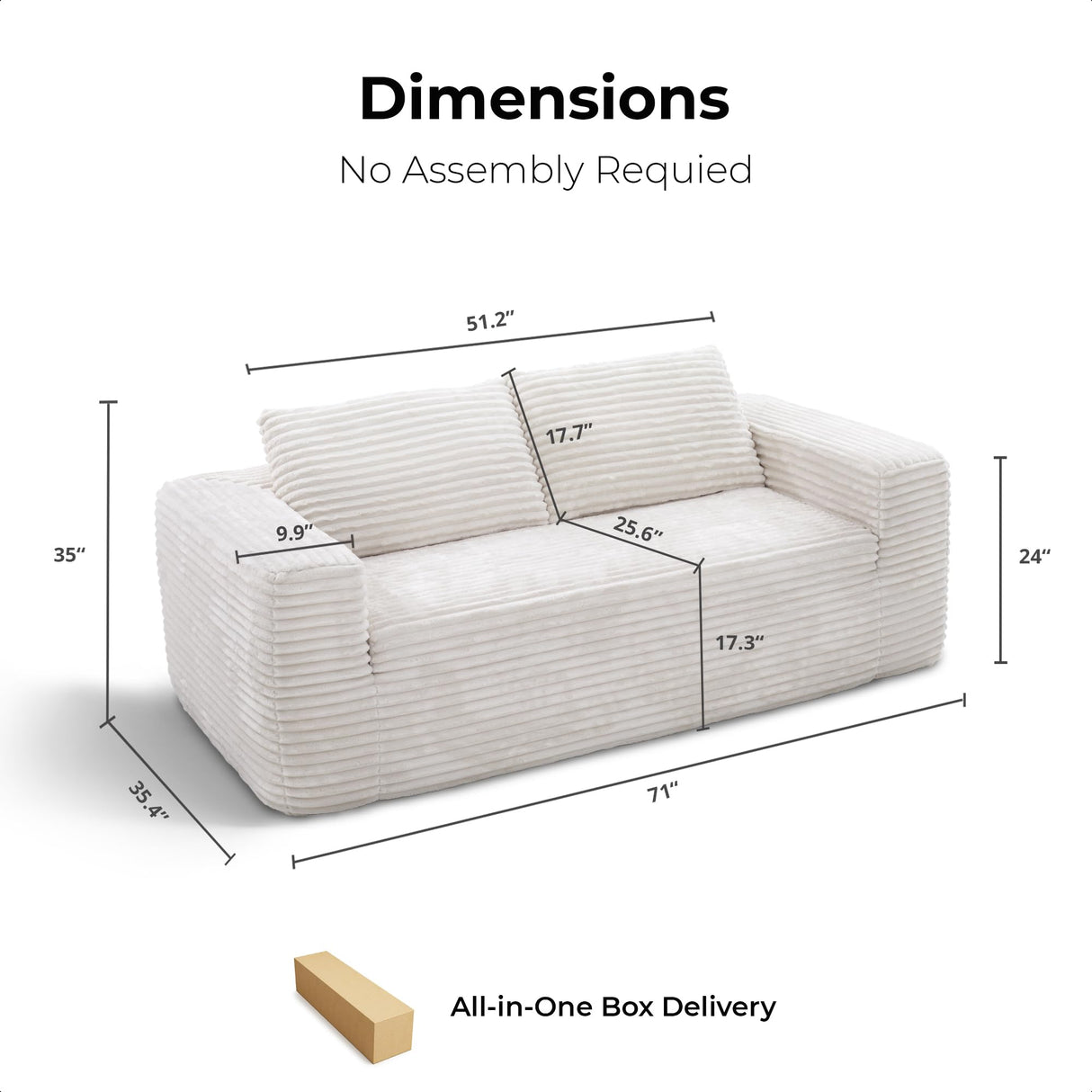 LIKIMIO 71" Loveseat Sofa in a Box - Plush Corduroy Deep Seat Couch, No Assembly Required, Space-Saving Design for Compact Living Room, Apartment, Home Office, Beige LIKIMIO