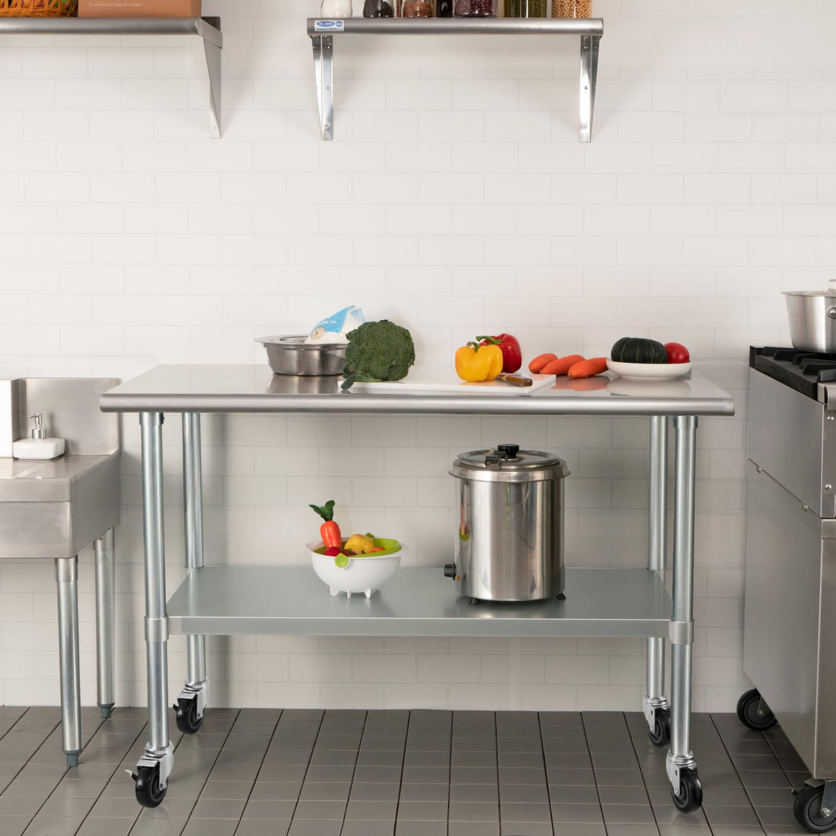 HARDURA Stainless Steel Table with Wheels 24 x 60 Inches Casters NSF Heavy Duty Commercial Work & Prep Table with Undershelf and Galvanized Legs for Restaurant Kitchen Bar and Hotel Garage HARDURA Restaurant Equipment