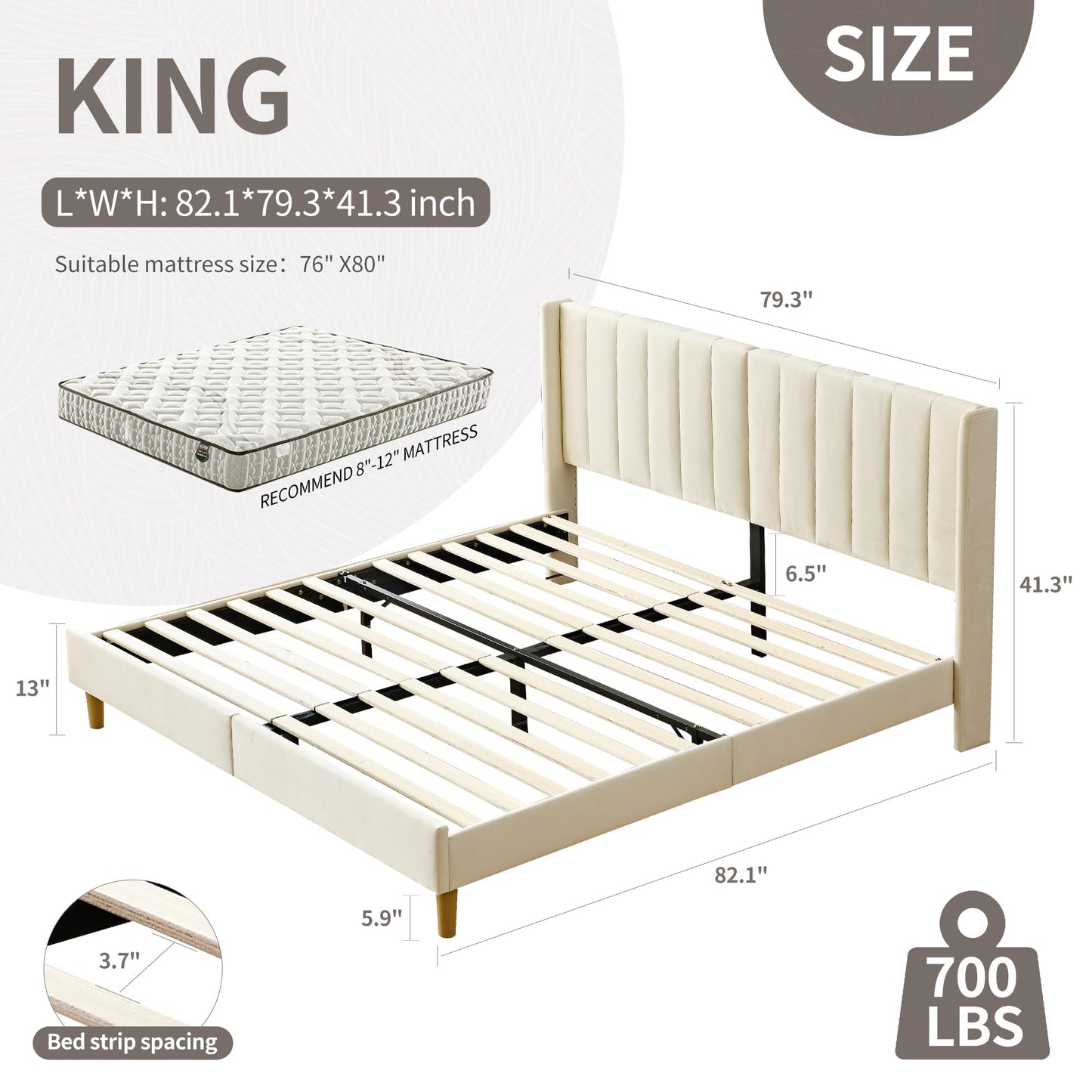 YUHUASHI upholstered Platform Bed Frame/King Bed Frame/Modern Geometric Double-Wing Design headboard/Velvet Fabric/Easy to Assemble no Noise (Cream, King (U.S. Standard))