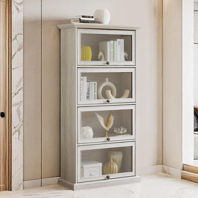 HIUU White Display Curio Cabinet with Glass Doors,White Showcase Display Cabinet,Shelves with Flip-Up Glass Doors,Farmhouse Barrister Bookcase