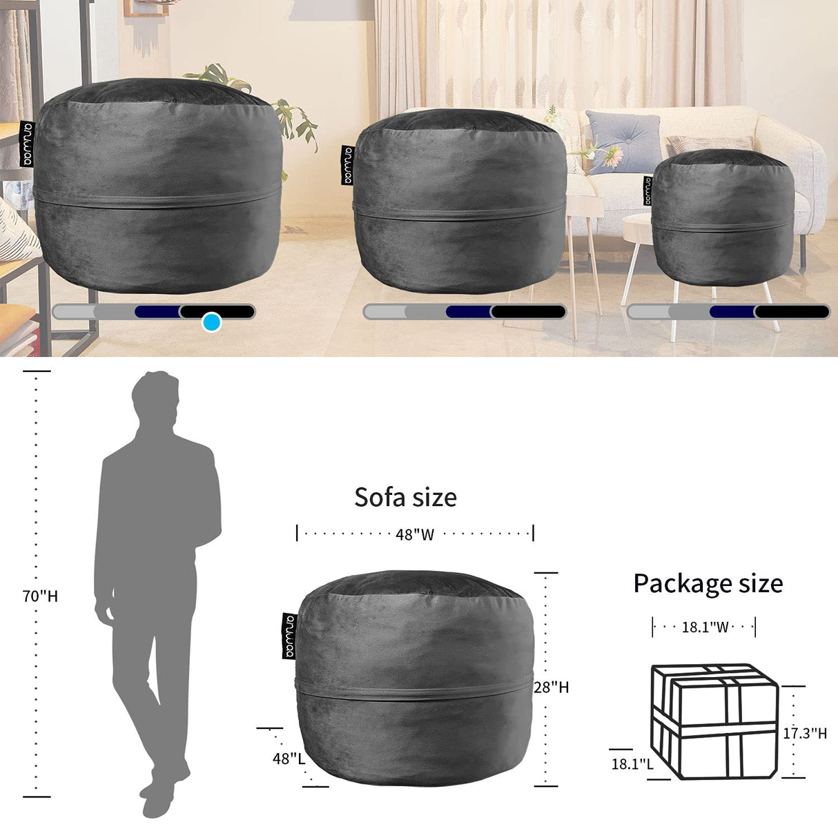 Bean Bag Chair for Adults, 4FT High-Rebound Memory Foam Bean Bag Sofa with Removable Cover, Oversized Bean Bag Couch for Gaming, Reading, and Relaxation, Black Anuwaa