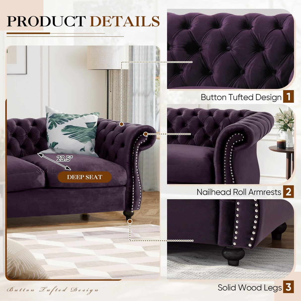 61"W Mid Century Modern Chesterfield Couch,Upholstered Velvet Loveseat Sofa with Button Tufted & Rolled Armrests,Comfy Deep Seat Sofa with Nailhead Trim & Gourd Legs for Living Room,Apartment(Purple) JEEOHEY