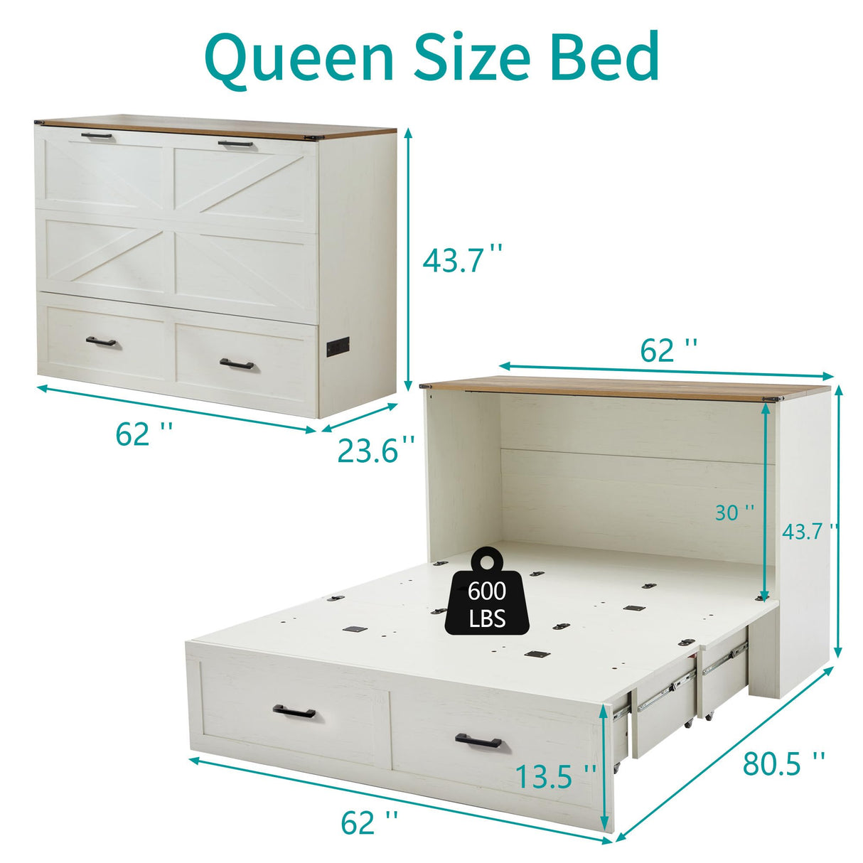 Tltaroni Queen Murphy Bed with Charging Station Large Storage Drawer, Farmhouse Wood Space Saving Hidden Foldable Cabinet Bed for Bedroom Office School, Rustic White Tltaroni