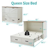 Tltaroni Queen Murphy Bed with Charging Station Large Storage Drawer, Farmhouse Wood Space Saving Hidden Foldable Cabinet Bed for Bedroom Office School, Rustic White Tltaroni