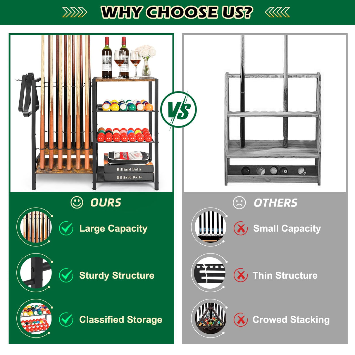 Pool Stick Holder Floor Stand up to 12 Cue Sticks, Pool Cue Holder with Balls Storage, Pool Table Accessories Stand Large Pool Cue Rack Equipment Organizer Cue Stick Holder for Billiard Game Room Olakee