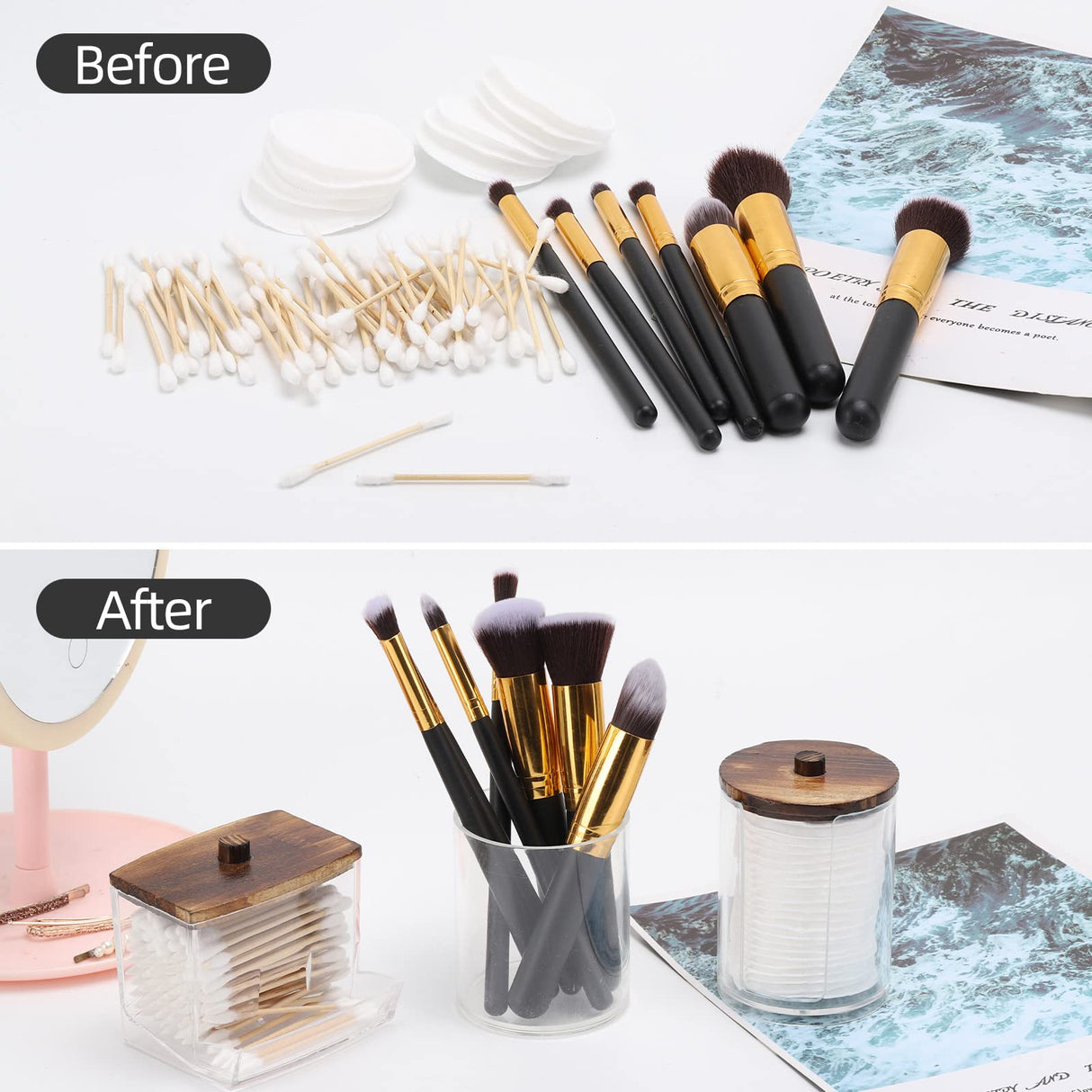 Tbestmax Bathroom Organizer Accessories Set-10 OZ,7 OZ Qtips Holder Storage with Wood Lids, Cotton Ball/Swabs Dispenser, Apothecary Container Jar 3 Pcs Tbestmax