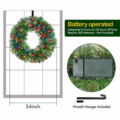 Hykolity 24 in. Pre-Lit Artificial Christmas Wreath with 50 Multicolor LED Lights, 164 Branch Tips, Battery Operated Wintry Pine Wreath with Timer & Hanger, Adorned with Pinecones, Berries for Holiday