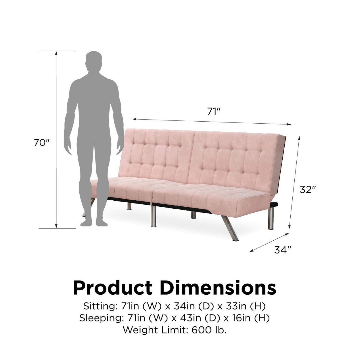 DHP Emily 71 Inch Futon Sofa Bed Fabric, Armless Upholstered Couch Sleeper with Tufted Back and Seat, Mid-Century Modern, Pink Velvet DHP