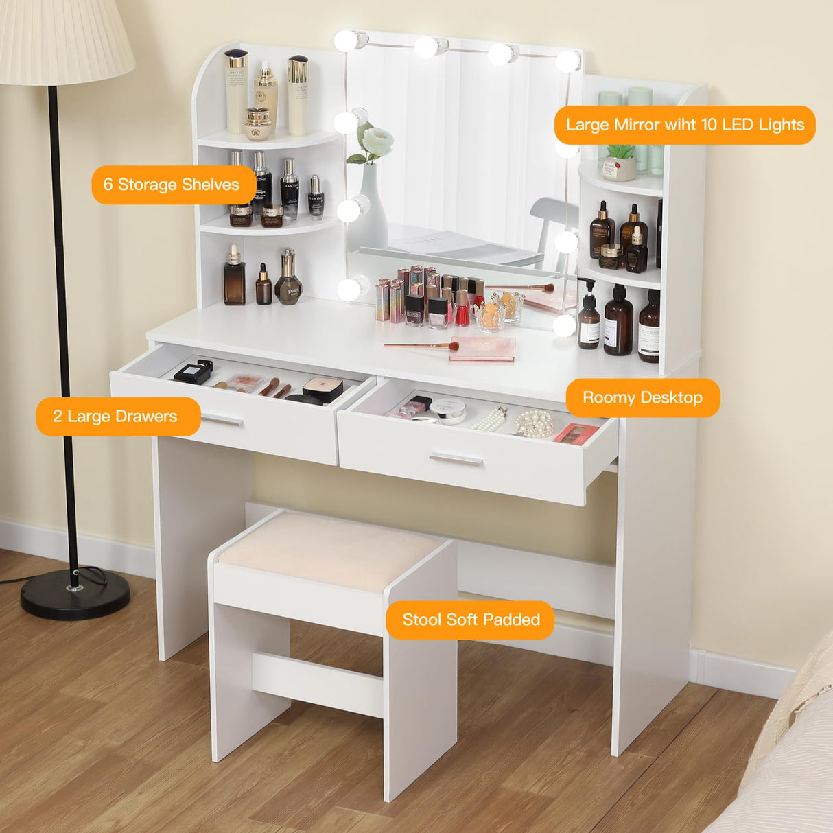usikey Makeup Vanity with Mirror and 10 LED Lights, Vanity Makeup Table Set with 2 Drawers and Open Shelves, Makeup Vanity Desk Dressing Table with Cushioned Stool, White usikey