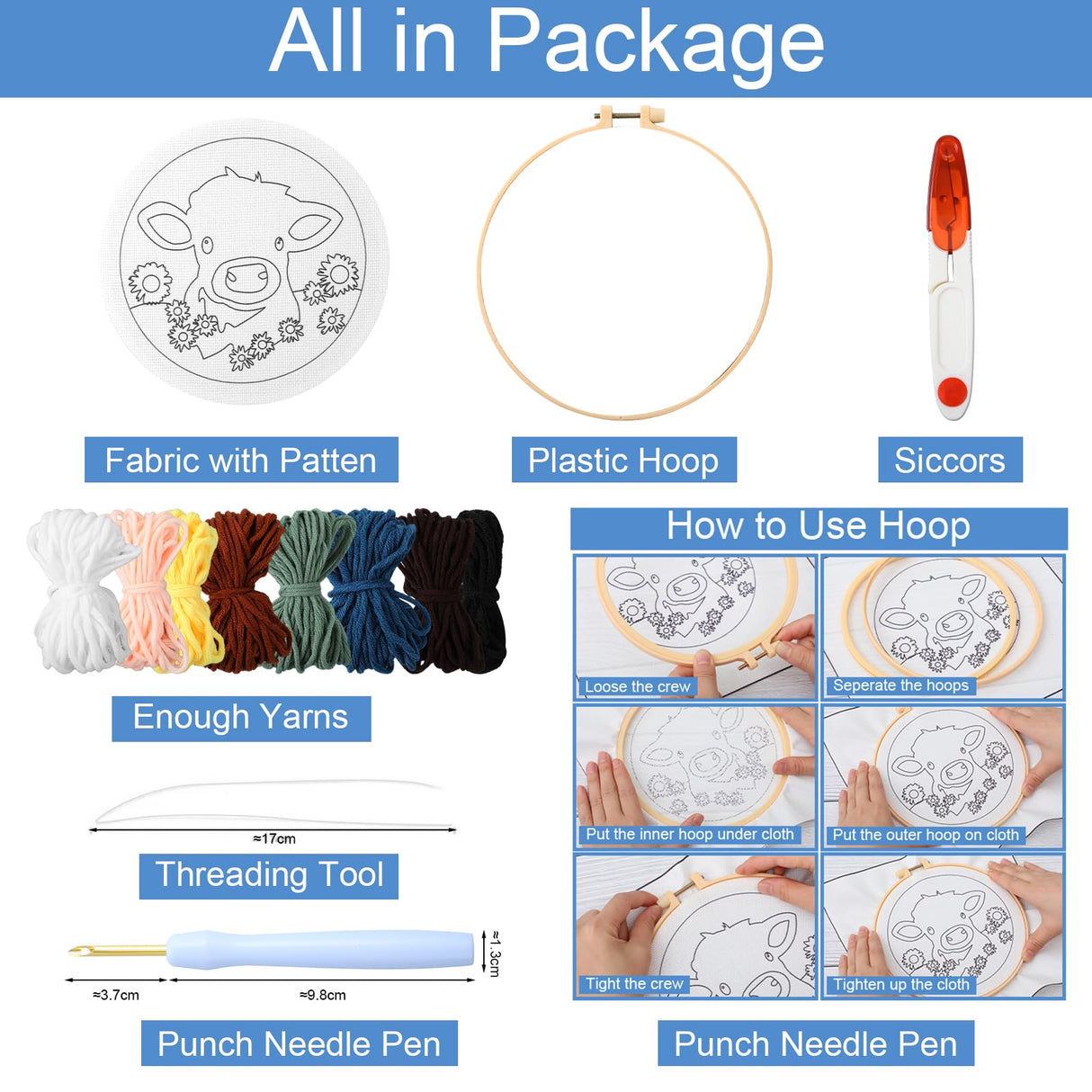 SmoothNovelty Cow DIY Punch Needle Kits for Beginners with Hoop Embroidery Fabric Instructions Thread Punch Needle Craft Set Easy for Starter Adults and Children Gift Decoration, 20x20cm-4 SmoothNovelty