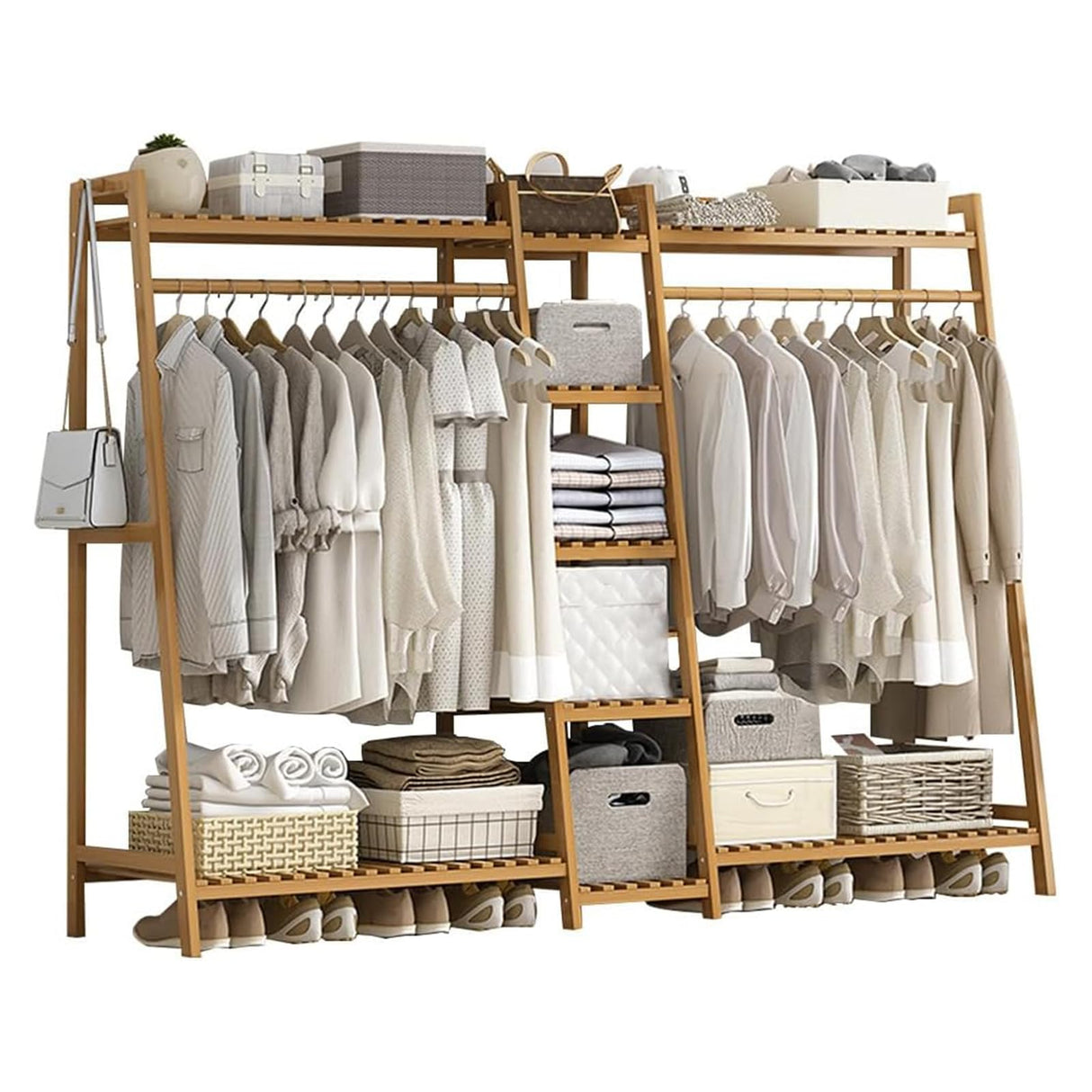 Baveke Bamboo Garment Rack 9 Tier Storage Shelf Coat Clothes Hanging Rack, Portable Wardrobe Closet Organizer With Top Shelf, Shoe Storage Shelves for Bedroom (Natural - 74.8 in) Baveke