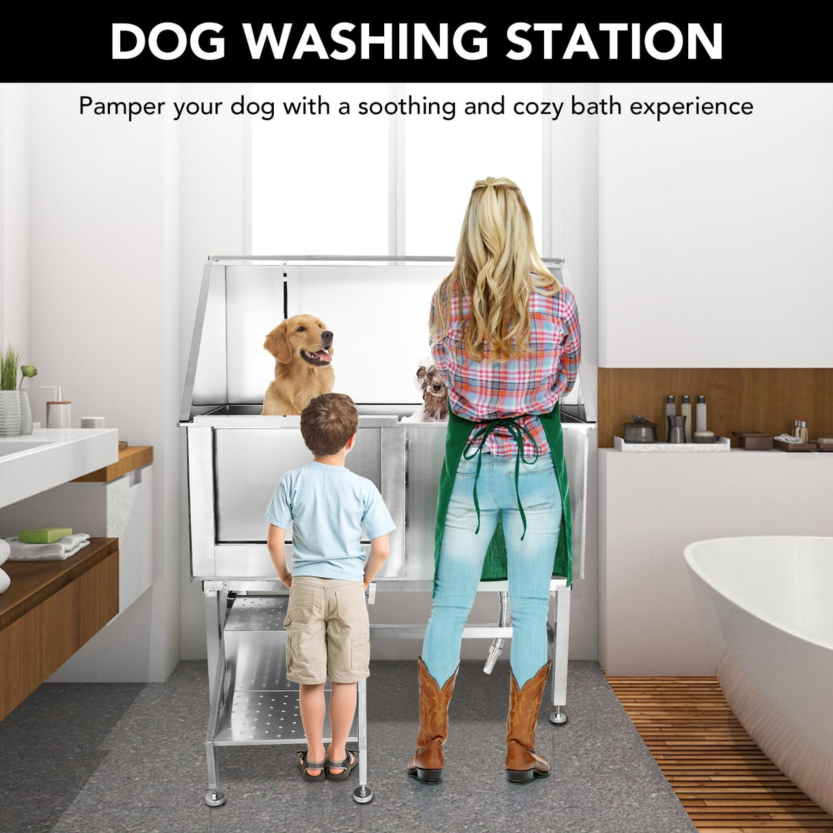 Dog Grooming Bathtub for Large Dogs, 50" Professional Dog Bathing Station, Pet Dog Washing Station for Home, Large Dog Bathtub with Removable Floor Grate, Steps, Faucet TROPOW