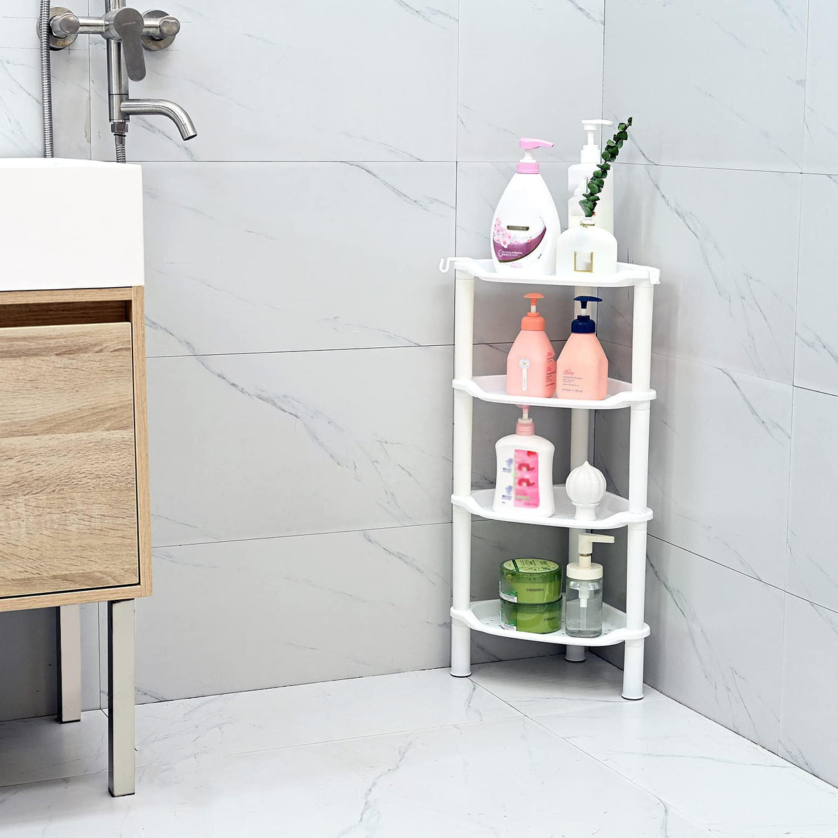 4 Tier Corner Shower Caddy, Rustproof, Plastic Shower Organizer for Bathroom, Bathtub, Shower pan, Bath Accessories Shower Caddies, 13.5 x 10 x 33.5 Inches, White (Round Slot White 4 Tier) SLZBCY