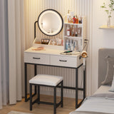 Vabches Makeup Vanity with Round Mirror and Lights, White Vanity Makeup Table with Charging Station, Small Vanity Table for Bedroom, 3 Lighting Vabches