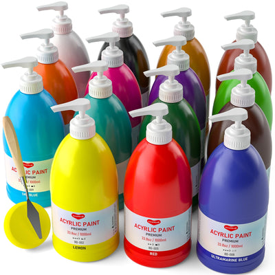 15 Colors Large Acrylic Paint Set (33.8 oz,1000 ml) - Smallbudi Art Painting Bulk Supplies for Multi Surface Canvas Wood Leather Fabric Rock Craft, Non Toxic Paint for Kid & Adult with Press Pump &