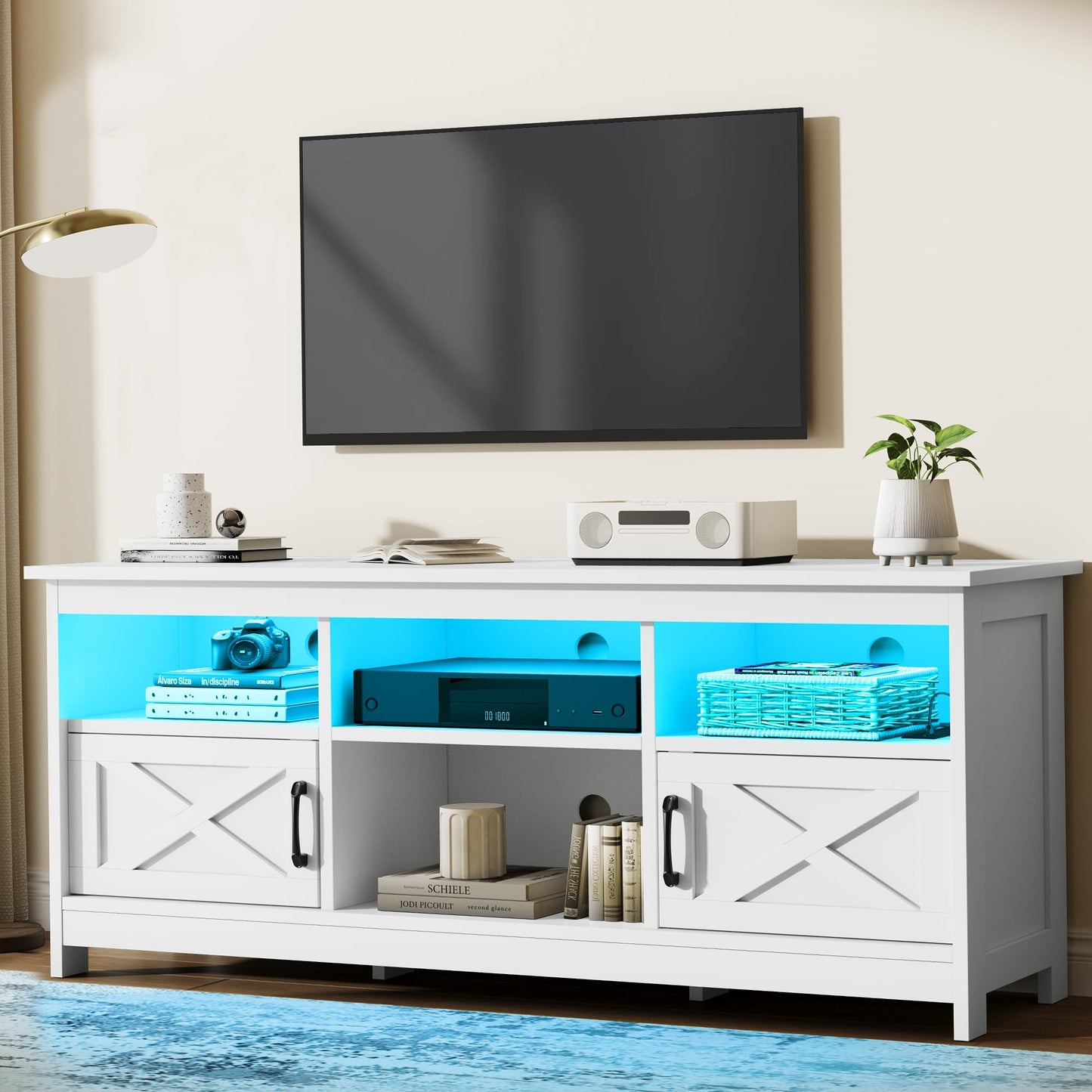 YITAHOME Farmhouse TV Stand with Power Outlet, LED Light Entertainment Center for TVs up to 65 Inch, TV Cabinet with Storage, Rustic Media Console for Living Room, 59" White - WoodArtSupply