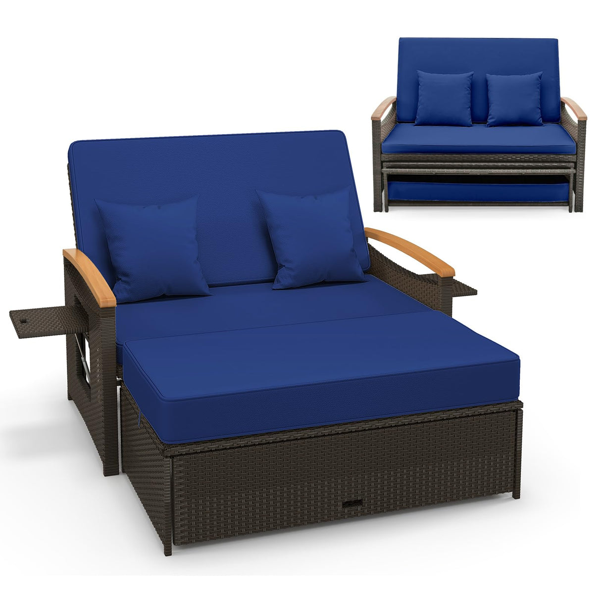 Moccha Outdoor Wicker Daybed, Patio Rattan Loveseat Sofa w/ 4-Level Adjustable Backrest, Folding Panels, Storage Ottoman & Cushions, Lounge Furniture Set for Poolside Backyard Porch (Navy) LDAILY