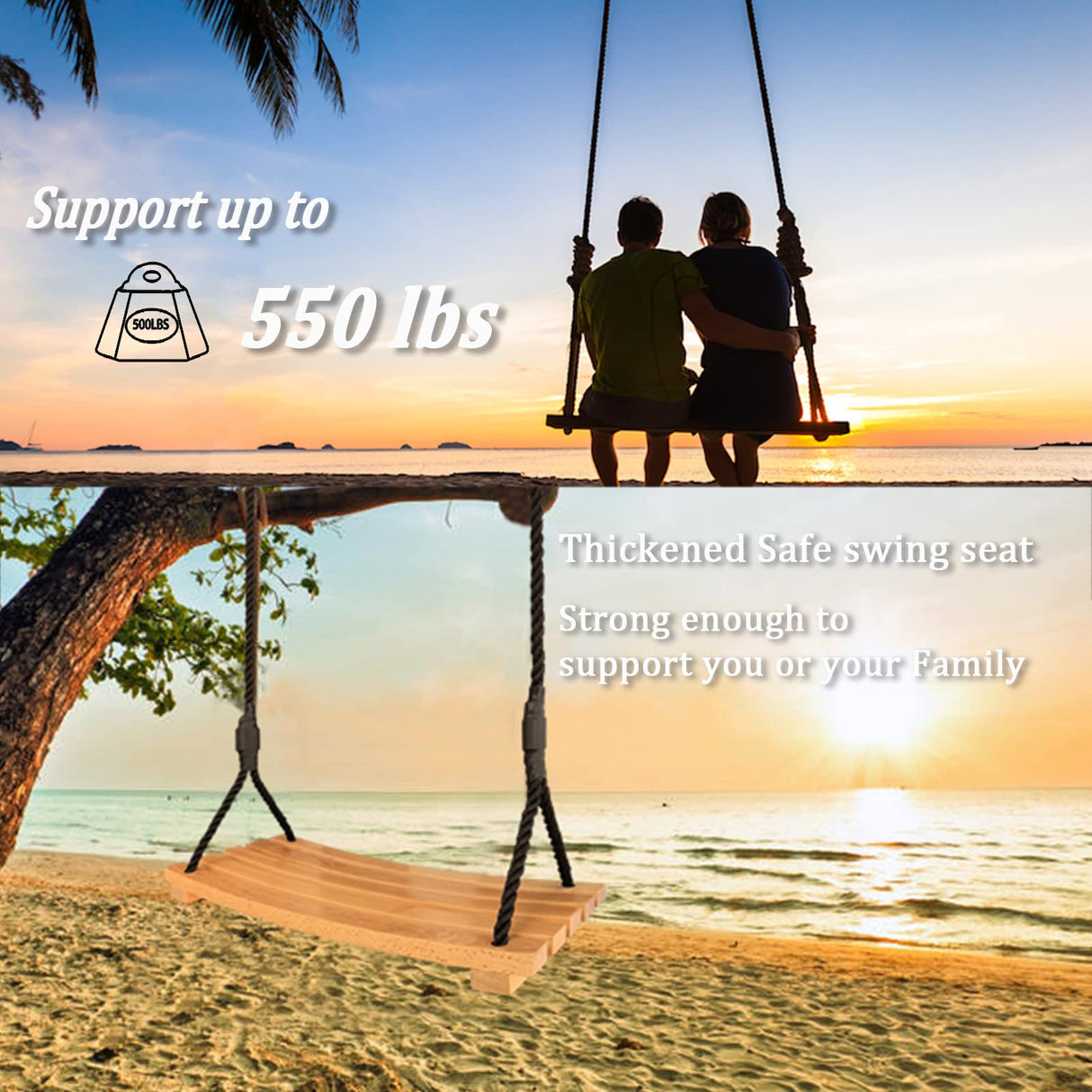 Wooden Tree Swing Adults Kids Indoor Outdoor Adjustable Rope Hanging Wood Swing Set with 2 Carabiner Hooks for Tree Branch Porch Patio Garden (22"x10") Favuit