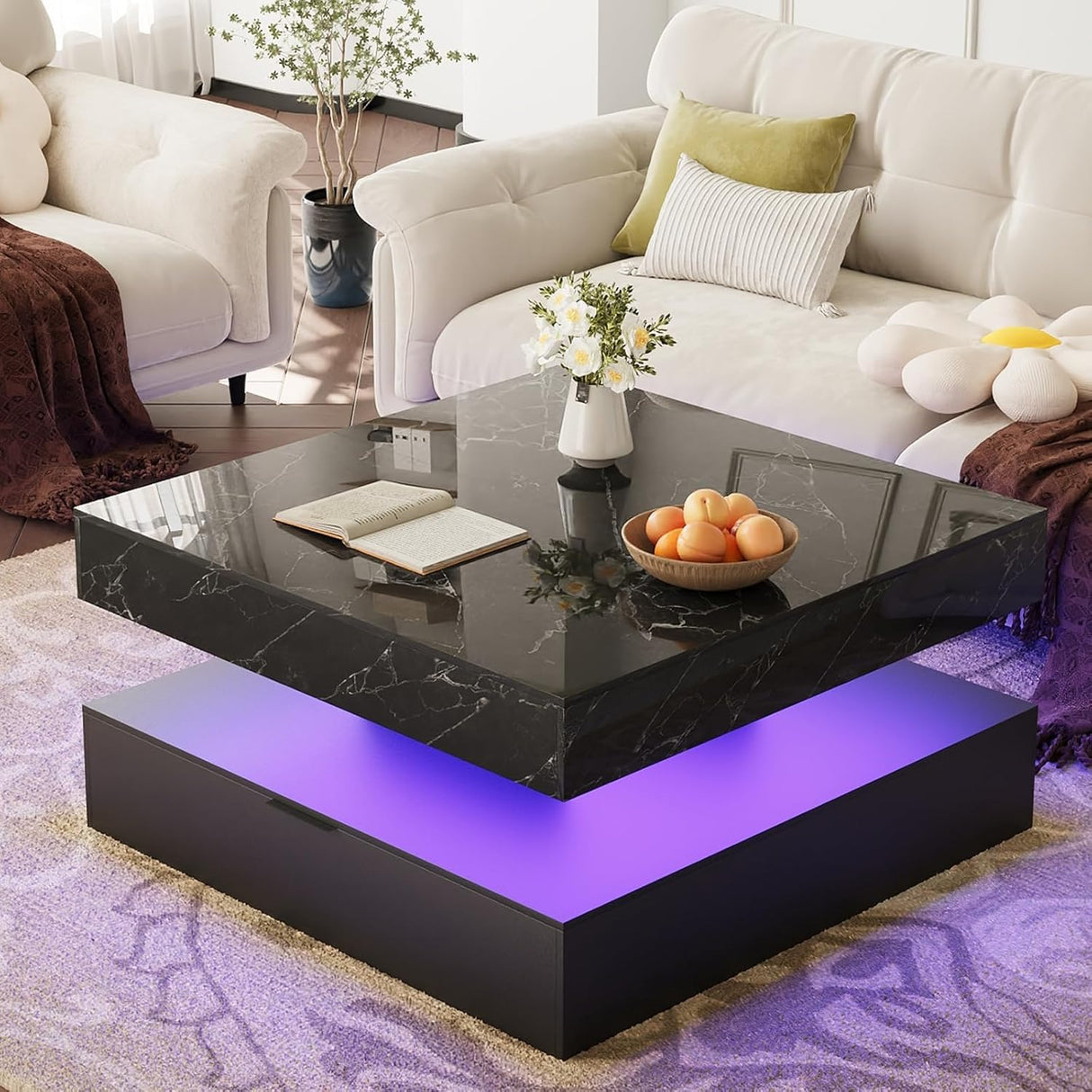 Square Coffee Table with LED Lights – 2-Tier High Gloss Minimalist Design, 30.7-Inch Modern Center Table with Storage and Drawer – Wooden Coffee Table for Living Room, Home, and Office GOFEI